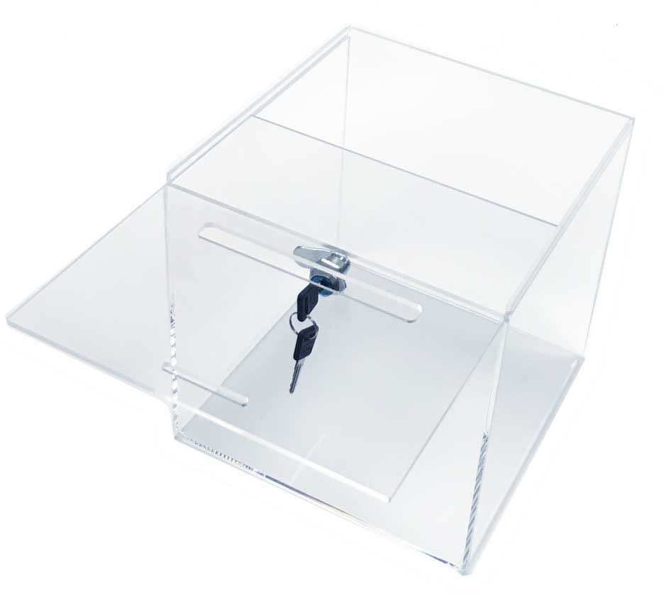 Urne plexiglas transparente 25x25cm ouverte couvercle amovible collecte bulletins jeux-concours professionnels
