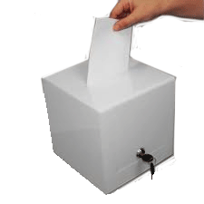 Urne opaque carton blanc format cube 20x20cm fente supérieure collecte dons confidentiels événements associations Belgique