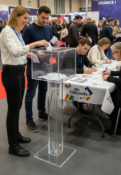 urne plexiglas transparente sur pied aluminium pour jeu concours commerce belgique