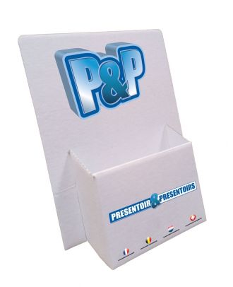 Parmi la gamme carton de Présentoir & Présentoirs, Personnalisez en ligne un porte brochures A6 CRT11 pour valoriser vos documents A6 sur un comptoir, vente en ligne de porte brochures A6 CRT11 personnalisés avec tarifs dégressifs, commande en ligne avec 